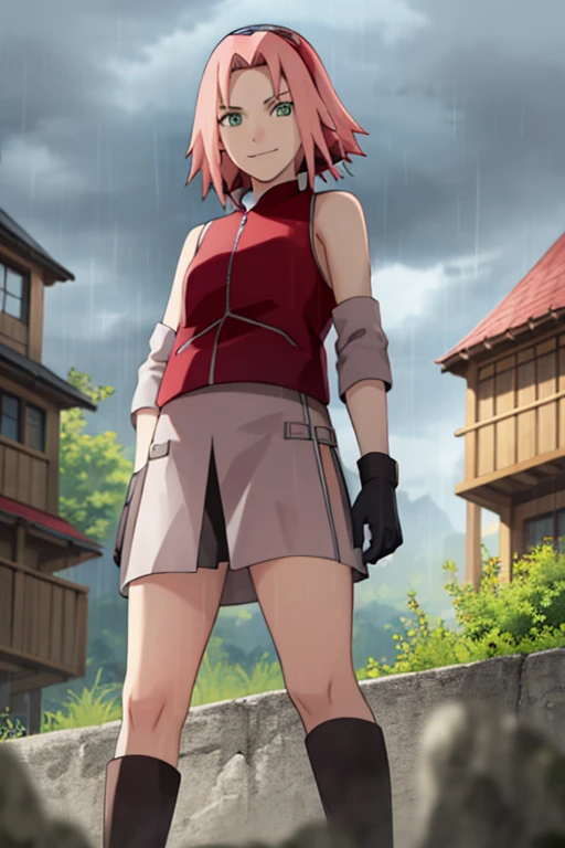 sakura shippuden, masterpiece, best quality, absurdres, solo, woman, badass, red jacket, bandaged leg, skirt, toeless footwear, black short, sleeveless, sadism, smirk, looking at viewer, from below, short hair, bangs, green eyes, small breasts, forehead protector, konohagakure symbol, black gloves, bare shoulders, standing, outdoors, village background, grey sky, rain, storm, dark theme