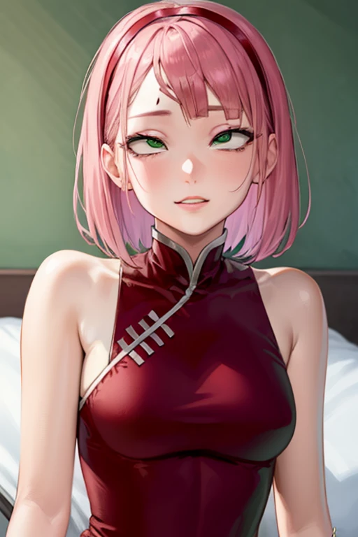 sakuraharuno, sakura haruno, short hair, bangs, (green eyes:1.5), pink hair, hairband, facial mark, (forehead mark:1.2), red hairband, (swept bangs:1.5), (small breast:1.2),
BREAK chinese clothes, dress, (red dress:1.2), short skirt, black shorts, gloves, black gloves, sleeveless,
BREAK looking at viewer, (ahegao:1.5), (rolling eyes:1.5)
BREAK indoors, bed,
BREAK (masterpiece:1.2), best quality, high resolution, unity 8k wallpaper, (illustration:0.8), (beautiful detailed eyes:1.6), extremely detailed face, perfect lighting, extremely detailed CG, (perfect hands, perfect anatomy),