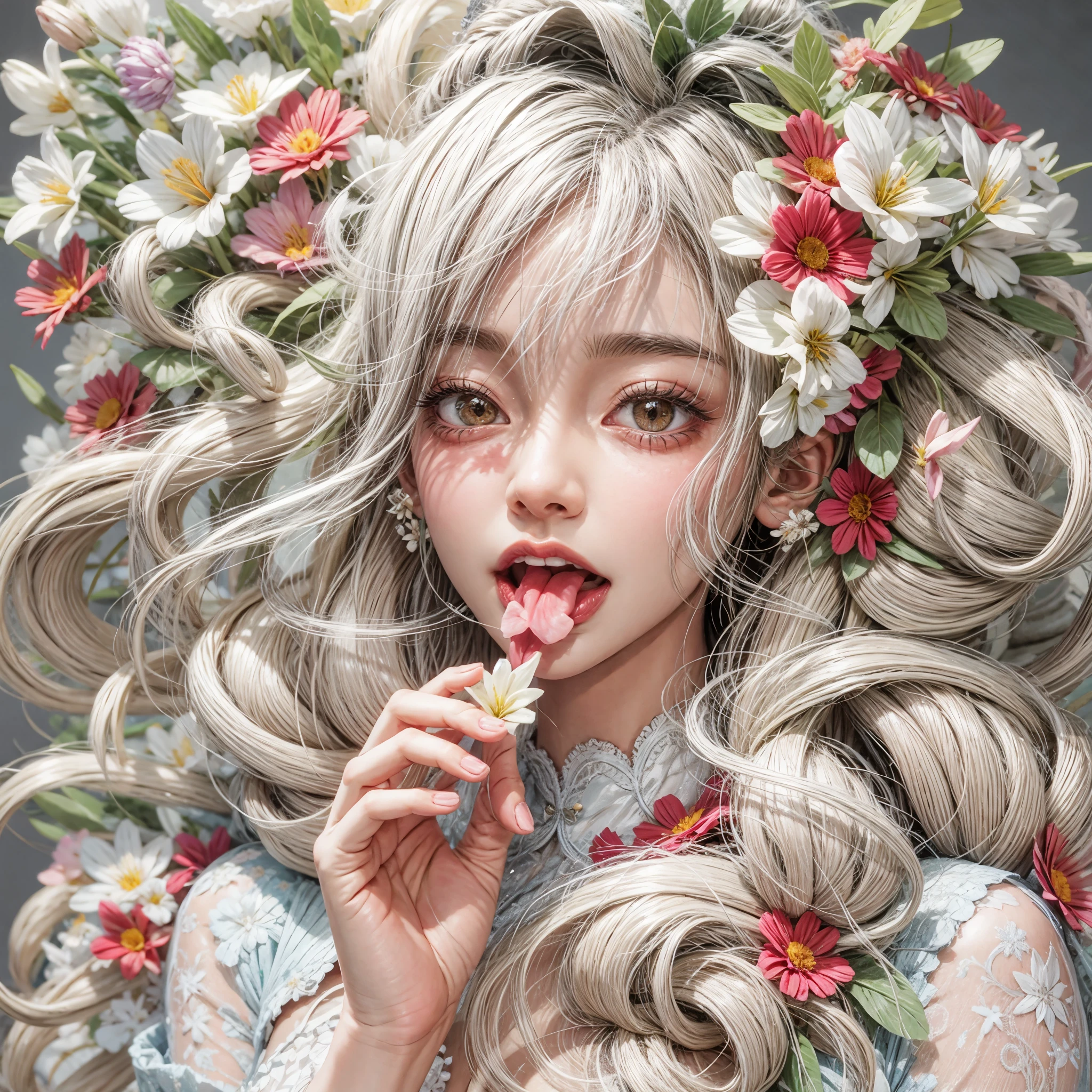 (tongue out, colorful flowers filled in studio gray background, White lace clothes, Glossy Red lips, best quality,ultra-detailed,physically-based rendering:1.2), realistic,portrait, A beautiful young woman with mesmerizing eyes,delicate facial features . ((tongue playfully licking, close-up shot of sensual lips)),subtle blush on cheeks,sensual and sophisticated, alluring gaze. full of flowers covering girl's body, (extra fingers:-0.9, not Detailed finger:-0.9),glistening ivory skin, Overflowing boobs, Gigantic Cleavage, ((nipple:-0.9)) . Whole Body proportions and all limbs are anatomically accurate .