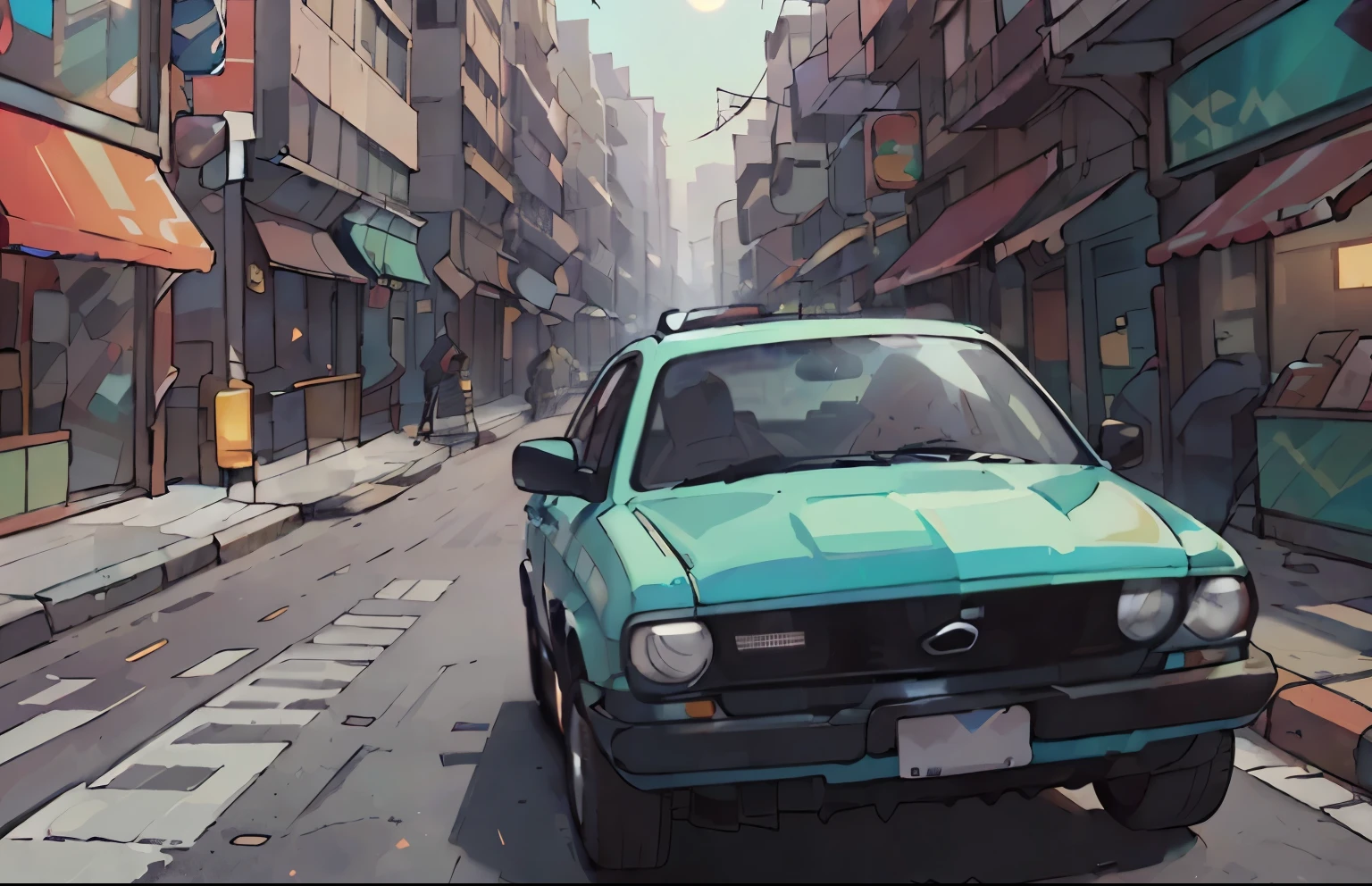 SUV, glossy car paint, vibrant colors, realistic rendering, detailed features, bright sunlight, urban background, fashionable outfit, confident expression, long flowing hair, cityscape, bustling streets, stylish accessories, car interior details, rearview mirror, polished metal surfaces, professional photo quality.