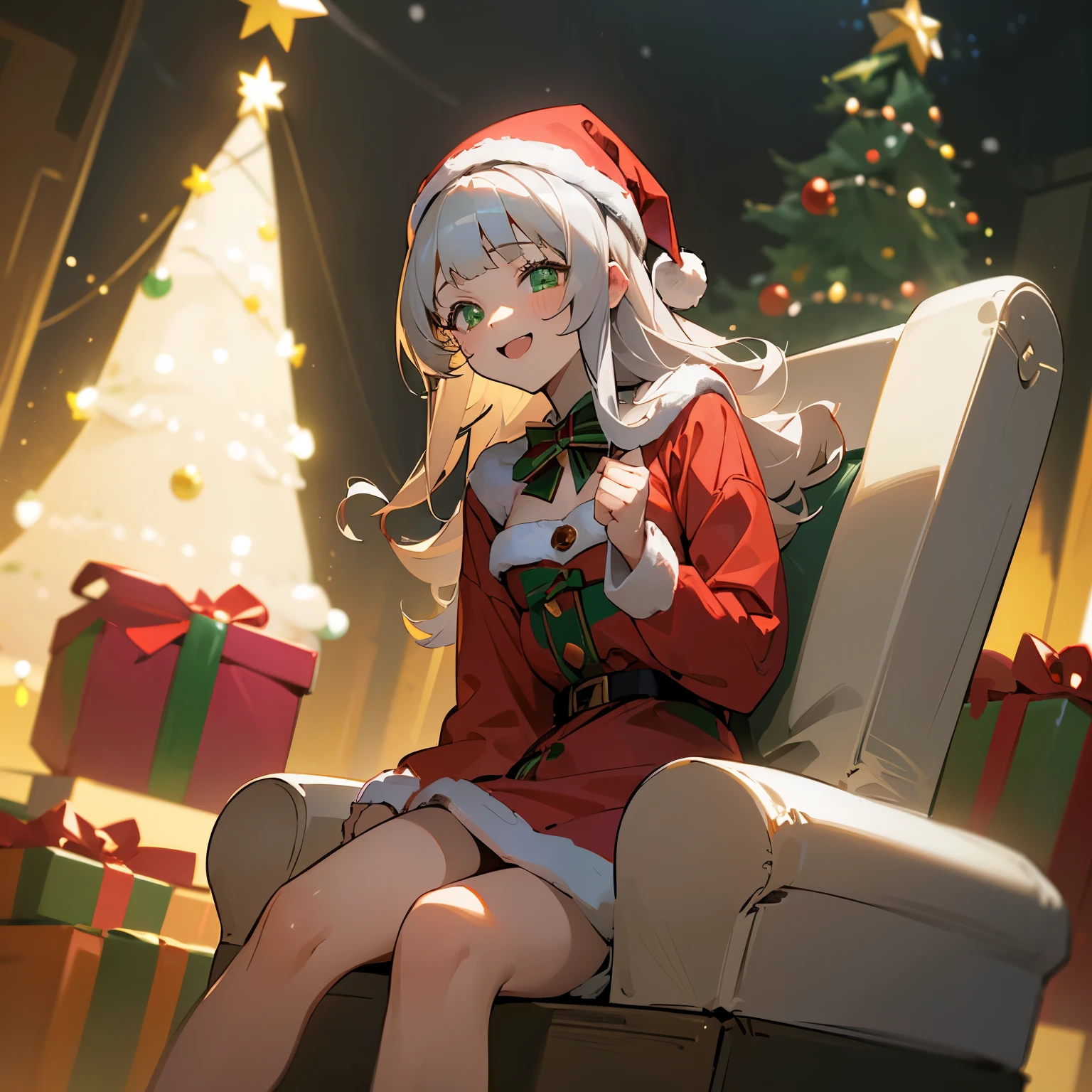 ((Masterpiece)), (1girl), (short stature), (sitting on the Christmas chair), (Dynamic Pose), ((cute teenage young girl)), (very blunt bangs), (slightly loose curls hair), (breasts length hair), high details of pale silver hair, (very laughing face), brilliant green eyes, ((drooping eyes)), (very cute), (small breasts), slender waist, (warm room), snowy, (Wearing a cute Santa costume), Offering a gift of some kind, Disturbing gift, (Ejecting a gift box), ((Christmas Theme)), cityscape