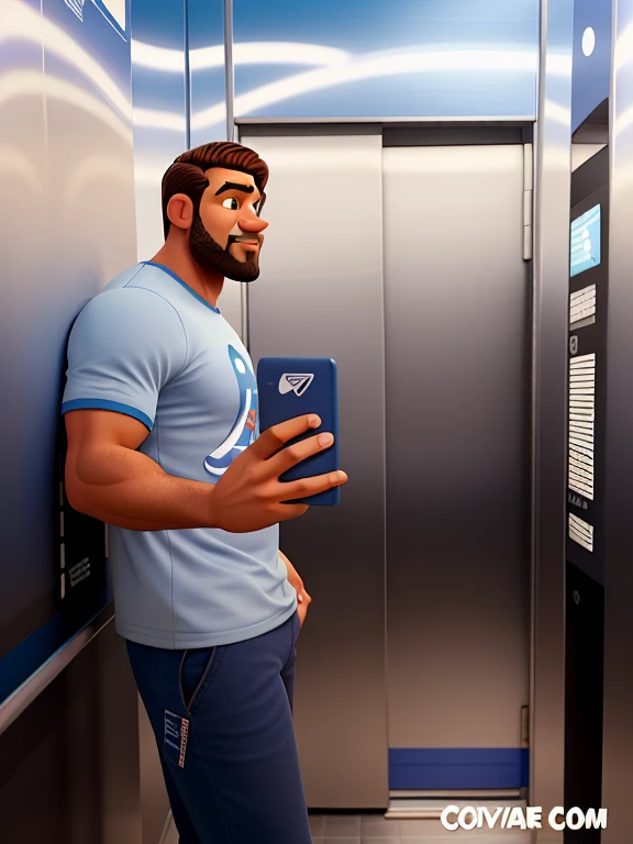 poster estilo disney pixar, homem de 40 anos pele parta, 1.79 de altura, 98kg, olhar determinado, cabelo enrolado preto curto, barba curta preta e branca curta, no elevador fundo prateado, with good muscle definition if exaggerated, camiseta azul tipo dry fit escrito personal no peito esquerdo, fundo academia moderna e futurista