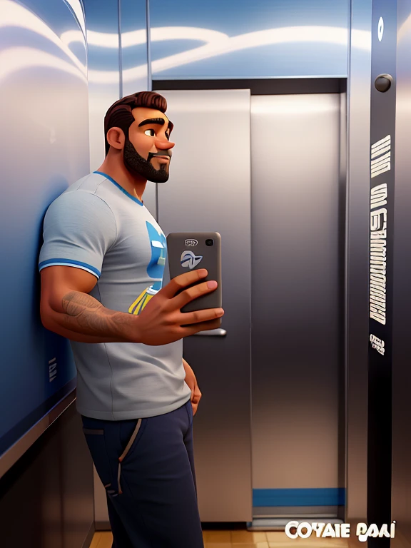 poster estilo disney pixar, homem de 40 anos pele parta, 1.79 de altura, 98kg, olhar determinado, cabelo enrolado preto curto, barba curta preta e branca curta, no elevador fundo prateado, with good muscle definition if exaggerated, camiseta azul tipo dry fit escrito personal no peito esquerdo, fundo academia moderna e futurista