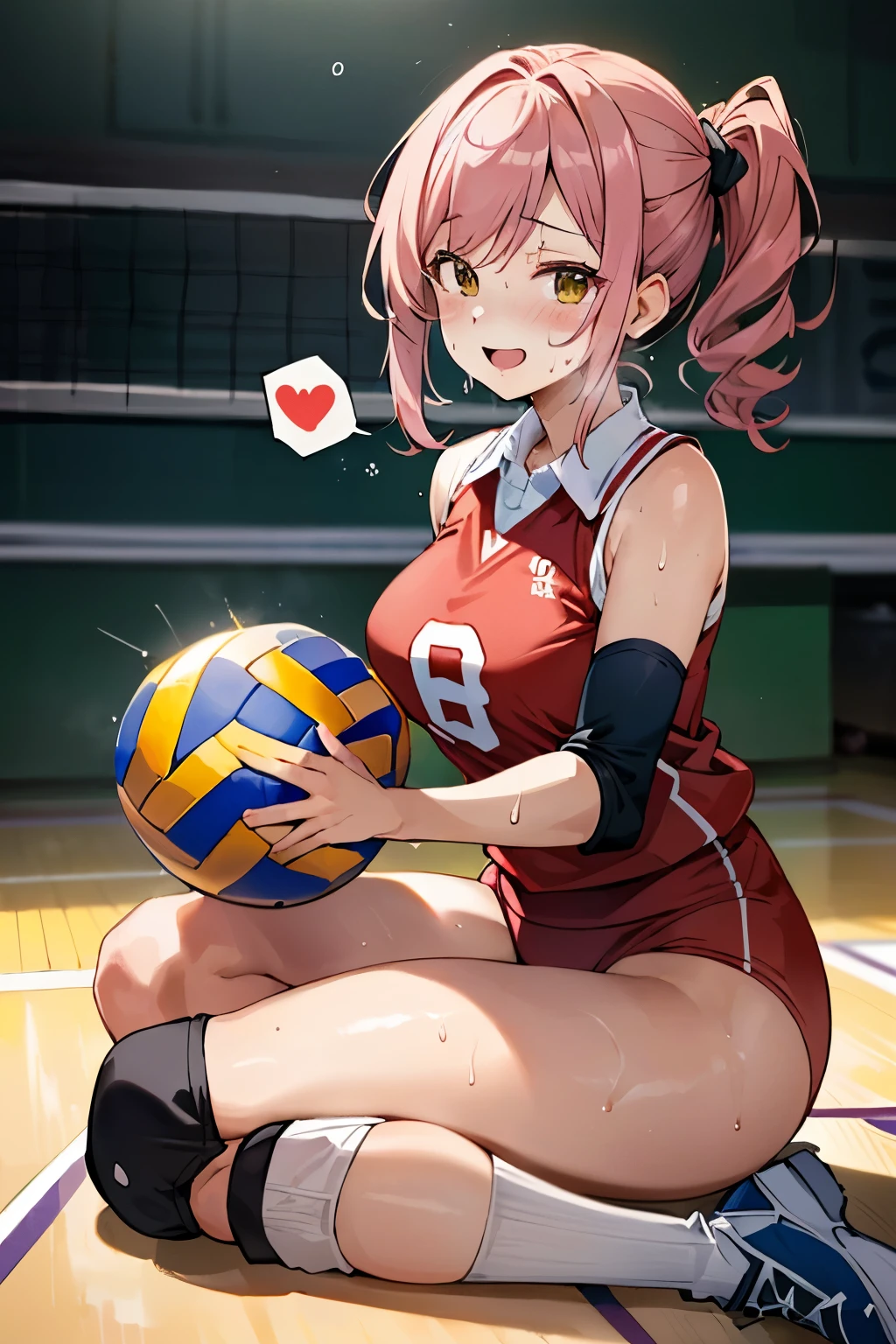 unity 8k wallpaper, anatomically correct, (((masterpiece))), (((best quality))), (((ultra detailed))), (((high-resolution))), ((super fine illustration)), ((Ultimate cutie)), ((perfect hands)), ((perfect finger)), (((good anatomy))), detailed beautiful face, shiny hair, (((gyaru))), (potbelly), (curvy), medium breasts, ((Thick thighs)), (((solo))), ((seductive smile)), (((blush))), ((half open mouth)),
BREAK, (((sit astride the spherical shape 6-inch volleyball))), (((straddling on the spherical shape 6-inch volleyball))), (((Put crotch right the spherical shape 6-inch volleyball))),
BREAK, (((Rub the spherical shape 6-inch volleyball against crotch)))),
BREAK, (Collared volleyball uniforms), sleeveless, ((buruma)), ((kneepad)), (elbow pad), (((sweat))), (((covered in sweat))), ((deep breathing)), in Volleyball Court, indoor, lighting, looking at viewer, full body, (spoken heart)