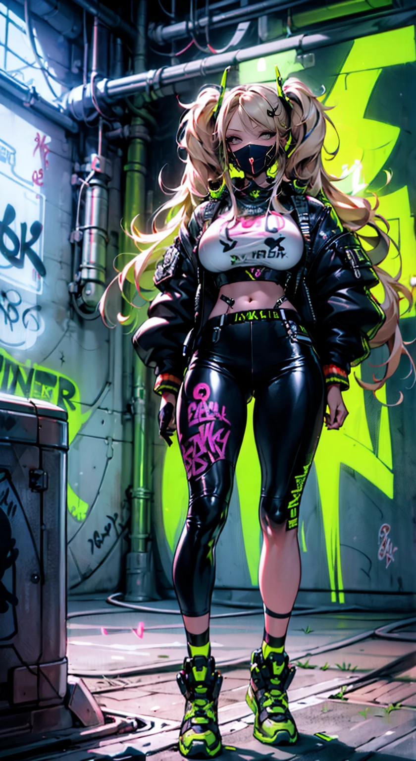 8K,Ultra Detail,ultra-quality,ultra precision,ultimate masterpiece,cutie Girl,big boobs,big Thigh,bomber jacket,long leather pants,long twin tail(blond)(innercolor of pink),cool Graffiti on the wall,Cyber punk mask,Theme of Cyber Punk,smile,double peace,