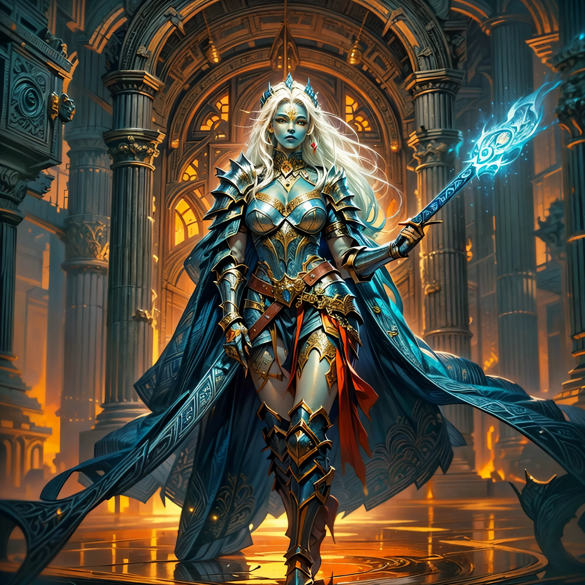 fantasy art, dnd art, RPG art, wide shot, (masterpiece: 1.4) portrait, intense details, highly detailed, photorealistic, best quality, highres, portrait a vedalken female (fantasy art, Masterpiece, best quality: 1.3) ((blue skin: 1.5)), intense details facial details, exquisite beauty, (fantasy art, Masterpiece, best quality) cleric, (blue colored skin: 1.5) 1person blue_skin, blue skinned female, (white hair: 1.3), long hair, intense green eye, fantasy art, Masterpiece, best quality) armed a fiery sword red fire, wearing heavy (white: 1.3) half plate mail armor CM-Beautiful_armor wearing high heeled laced boots, wearing an(orange :1.3) cloak, wearing glowing holy symbol, within fantasy temple background, reflection light, high details, best quality, 16k, [ultra detailed], masterpiece, best quality, (extremely detailed), close up, ultra wide shot, photorealistic, RAW, fantasy art, dnd art, fantasy art, realistic art,