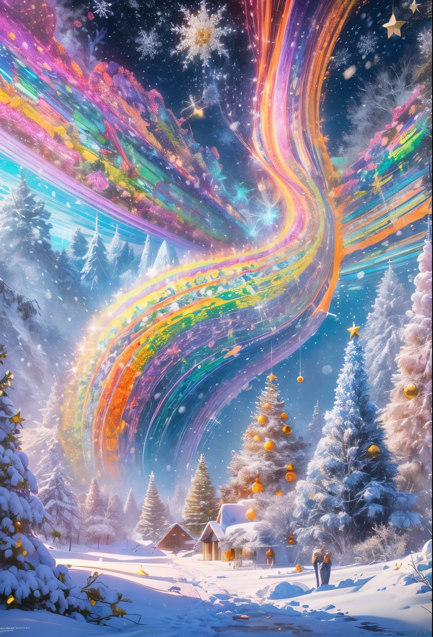absurderes, ultra-detailliert,bright colour,(Nostalgic landscapes:1.5),(colorful flower:1.3), (abstract art:1.4),(Psychedelia Theme:1.6),(christmas world:1.5),(Snow World:1.5),(Winter World:1.5),(At the center of the world is the most beautiful woman in the world),(many stars are falling:1.3),A ray of light spreads,Crystals spreading from the center,Prism enchanting natural beauty,Fragments of Shining Stars, krystal,