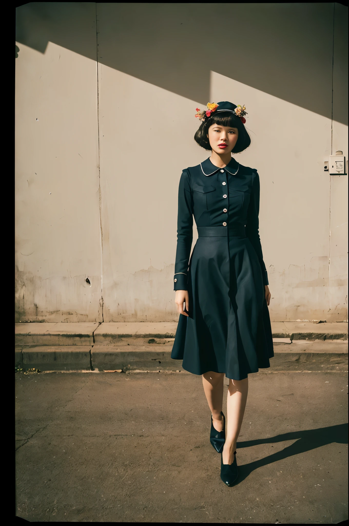 (full body:1.5)(Flicker effect:1.4)(analog film photo:1.4)(vintage photo:1.4)(portra 400:1.3)(instant film:1.3)( standing 1 woman in a retro vintage fashion:1.2)1 woman, Korean idols, japanese beauty, high quality, (detailed face:1.4) best quality, 8k,afterdark, twilight.