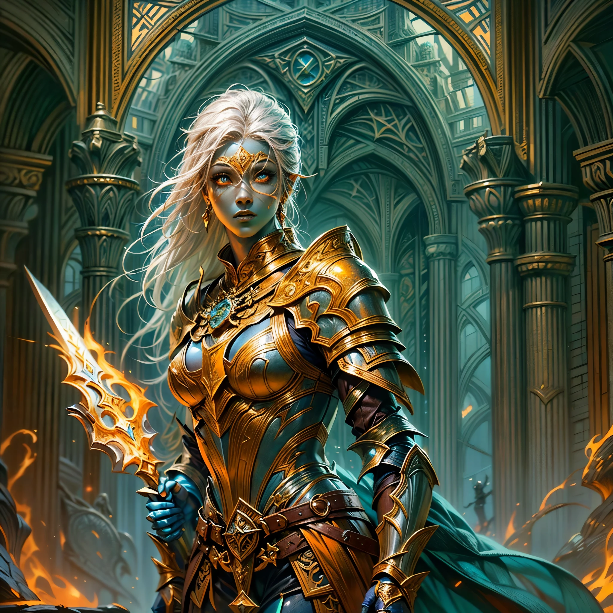 fantasy art, dnd art, RPG art, wide shot, (masterpiece: 1.4) portrait, intense details, highly detailed, photorealistic, best quality, highres, portrait a vedalken female (fantasy art, Masterpiece, best quality: 1.3) ((deep blue skin: 1.5)), intense details facial details, exquisite beauty, (fantasy art, Masterpiece, best quality) cleric, (blue colored skin: 1.5) 1person blue_skin, blue skinned female, (white hair: 1.3), long hair, intense green eye, fantasy art, Masterpiece, best quality) armed a fiery sword red fire, wearing heavy (white: 1.3) half plate mail armor CM-Beautiful_armor wearing high heeled laced boots, wearing an(orange :1.3) cloak, wearing glowing holy symbol GlowingRunes_yellow, within fantasy temple background, reflection light, high details, best quality, 16k, [ultra detailed], masterpiece, best quality, (extremely detailed), close up, ultra wide shot, photorealistic, RAW, fantasy art, dnd art, fantasy art, realistic art,