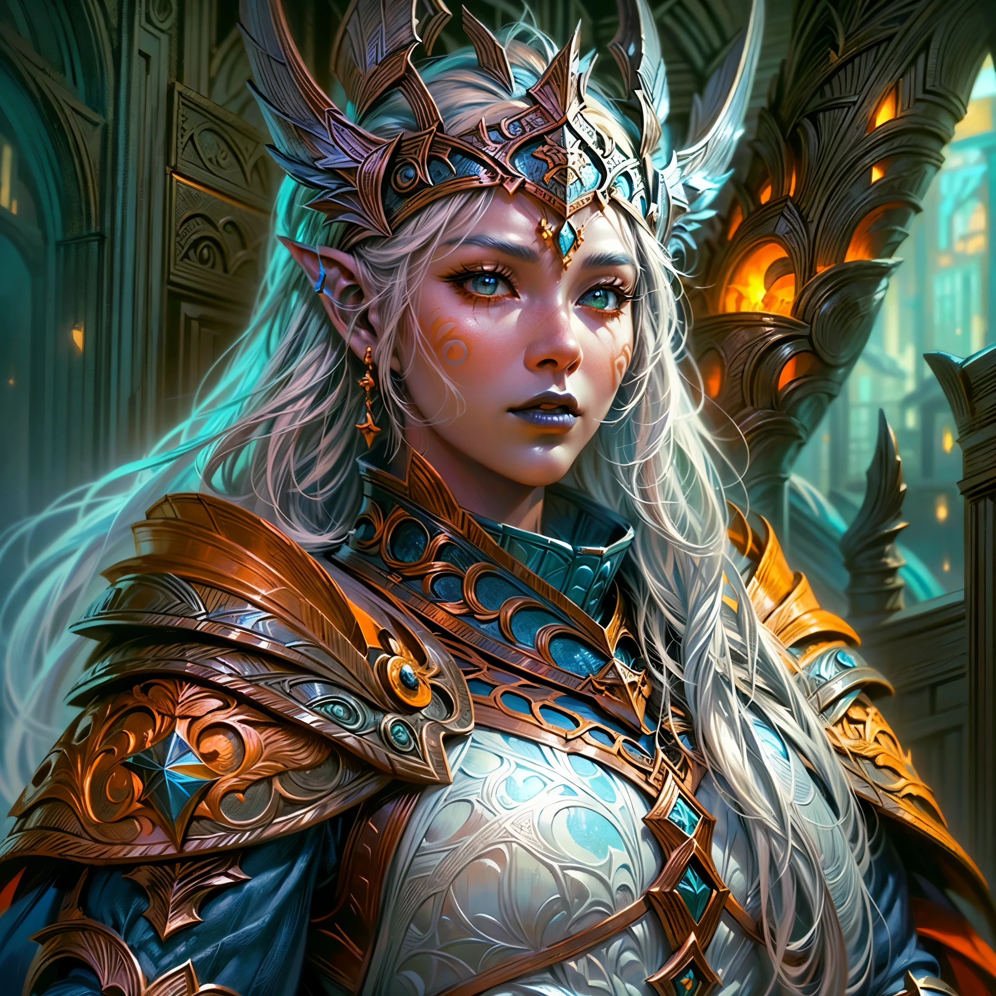 fantasy art, dnd art, RPG art, wide shot, (masterpiece: 1.4) portrait, intense details, highly detailed, photorealistic, best quality, highres, portrait a vedalken female (fantasy art, Masterpiece, best quality: 1.urple skin: 1.5)), intense details facial details, exquisite beauty, (fantasy art, Masterpiece, best quality) cleric, (purple skin: 1.5) purple skin female, (white hair: 1.3), long hair, intense green eye, (fantasy art, Masterpiece, best quality) ((no ears: 1.6)), armed a fiery sword red fire, wearing heavy (white: 1.3) half plate mail armor CM-Beautiful_armor wearing high heeled laced boots, wearing an(orange :1.3) cloak, wearing glowing holy symbol GlowingRunes_yellow, within fantasy temple background, reflection light, high details, best quality, 16k, [ultra detailed], masterpiece, best quality, (extremely detailed), close up, ultra wide shot, photorealistic, RAW, fantasy art, dnd art, fantasy art, realistic art