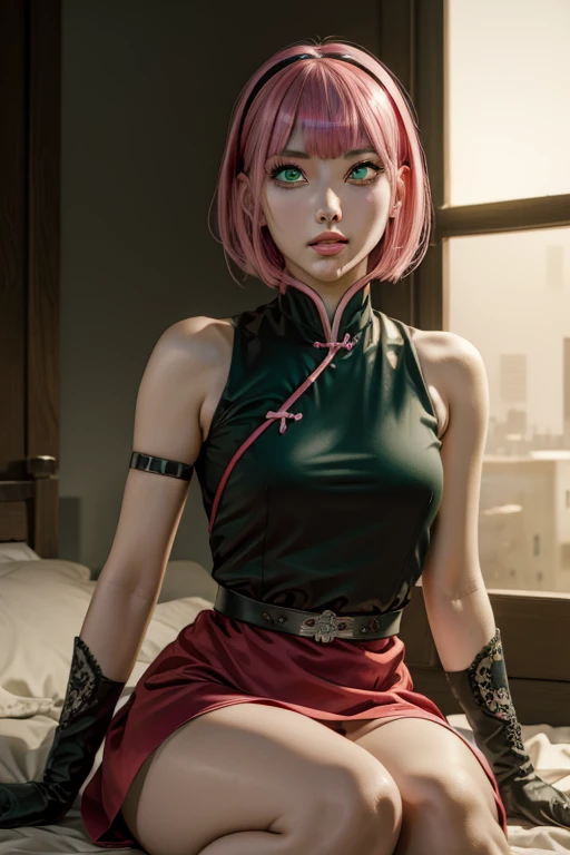 sakuraharuno, sakura haruno, short hair, bangs, (green eyes:1.5), pink hair, hairband, facial mark, (forehead mark:1.2), red hairband, (swept bangs:1.5), (small breast:1.2),
BREAK chinese clothes, dress, (red dress:1.2), short skirt, black shorts, gloves, black gloves, sleeveless,
BREAK looking at viewer, (ahegao:1.5), (rolling eyes:1.5)
BREAK indoors, bed,
BREAK (masterpiece:1.2), best quality, high resolution, unity 8k wallpaper, (illustration:0.8), (beautiful detailed eyes:1.6), extremely detailed face, perfect lighting, extremely detailed CG, (perfect hands, perfect anatomy),