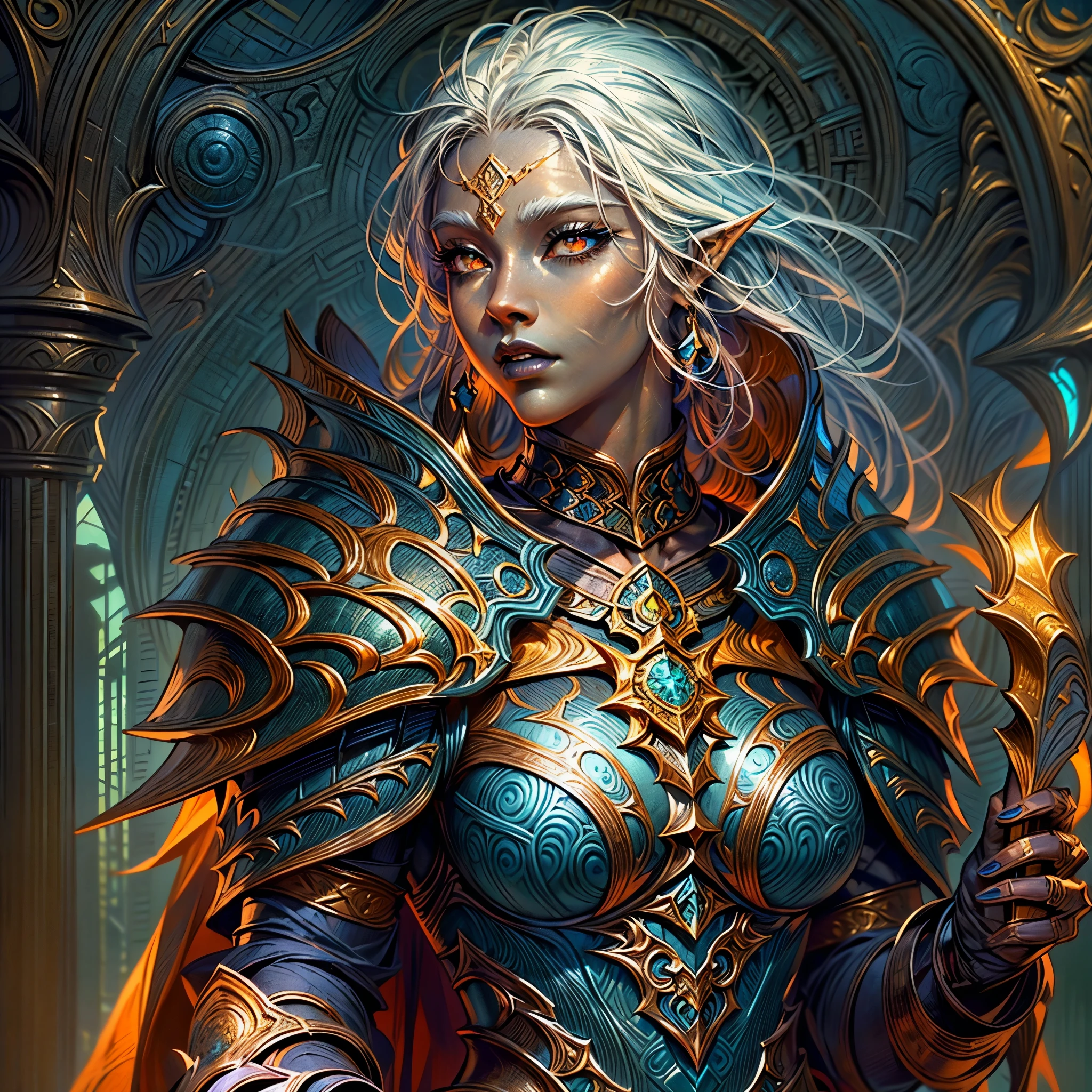 fantasy art, dnd art, RPG art, wide shot, (masterpiece: 1.4) portrait, intense details, highly detailed, photorealistic, best quality, highres, portrait a vedalken female (fantasy art, Masterpiece, best quality: 1.3) ((deep blue skin: 1.5)), intense details facial details, exquisite beauty, (fantasy art, Masterpiece, best quality) cleric, (blue colored skin: 1.5) 1person blue_skin, blue skinned female, (white hair: 1.3), long hair, intense green eye, fantasy art, Masterpiece, best quality) armed a fiery sword red fire, wearing heavy (white: 1.3) half plate mail armor CM-Beautiful_armor wearing high heeled laced boots, wearing an(orange :1.3) cloak, wearing glowing holy symbol GlowingRunes_yellow, within fantasy temple background, reflection light, high details, best quality, 16k, [ultra detailed], masterpiece, best quality, (extremely detailed), close up, ultra wide shot, photorealistic, RAW, fantasy art, dnd art, fantasy art, realistic art,