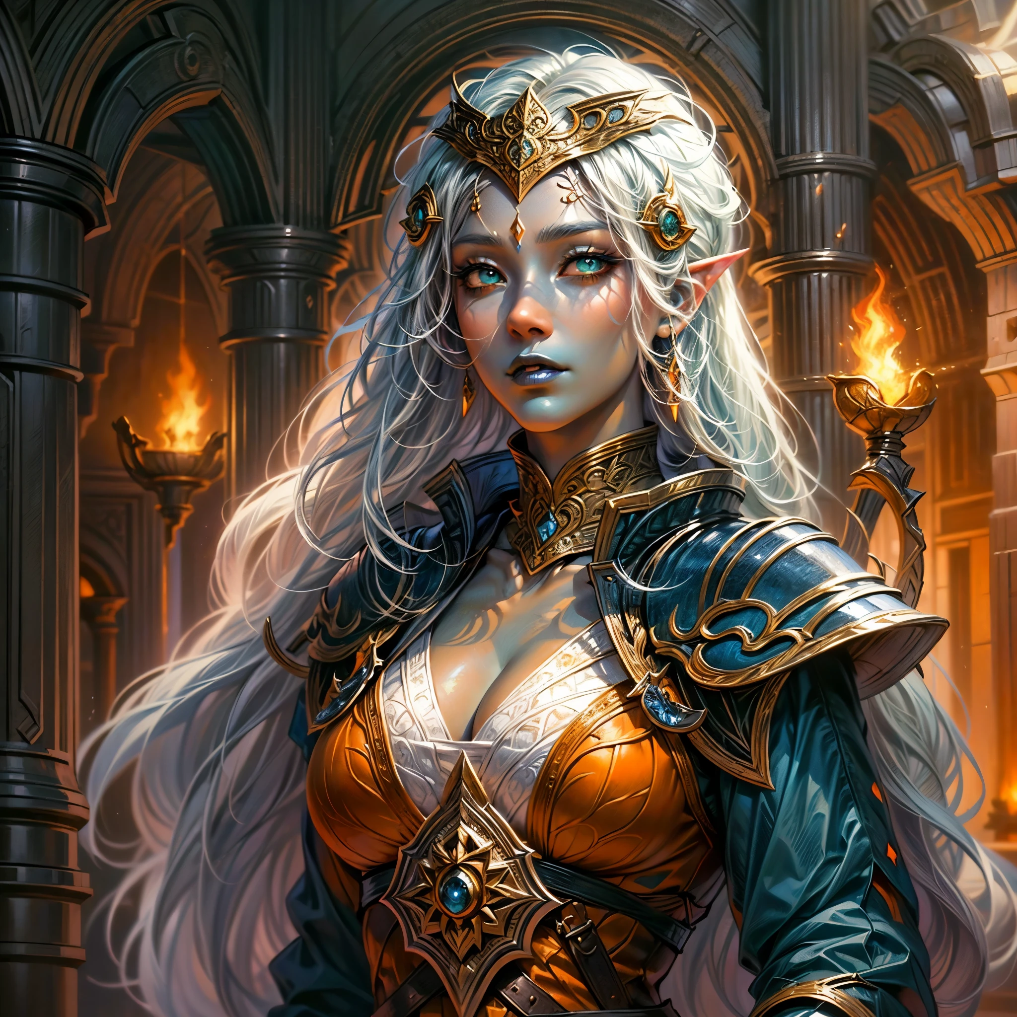 fantasy art, dnd art, RPG art, wide shot, (masterpiece: 1.4) portrait, intense details, highly detailed, photorealistic, best quality, highres, portrait a vedalken female (fantasy art, Masterpiece, best quality: 1.3) ((deep blue skin: 1.5)), intense details facial details, exquisite beauty, (fantasy art, Masterpiece, best quality) cleric, (blue colored skin: 1.5) 1person blue_skin, blue skinned female, (white hair: 1.3), long hair, intense green eye, fantasy art, Masterpiece, best quality) armed a fiery sword red fire, wearing heavy (white: 1.3) half plate mail armor CM-Beautiful_armor wearing high heeled laced boots, wearing an(orange :1.3) cloak, wearing glowing holy symbol GlowingRunes_yellow, within fantasy temple background, reflection light, high details, best quality, 16k, [ultra detailed], masterpiece, best quality, (extremely detailed), close up, ultra wide shot, photorealistic, RAW, fantasy art, dnd art, fantasy art, realistic art,