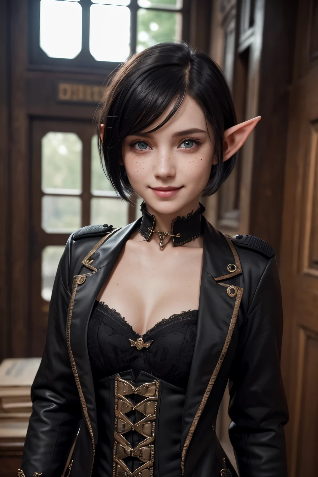 (Dark Academy Style), (1Short Elf girl, Russian model face, Cute, beautiful, Slutry smile, freckles), (Short black hair), Wearing formal steampunk clothes, (Looking at POV)