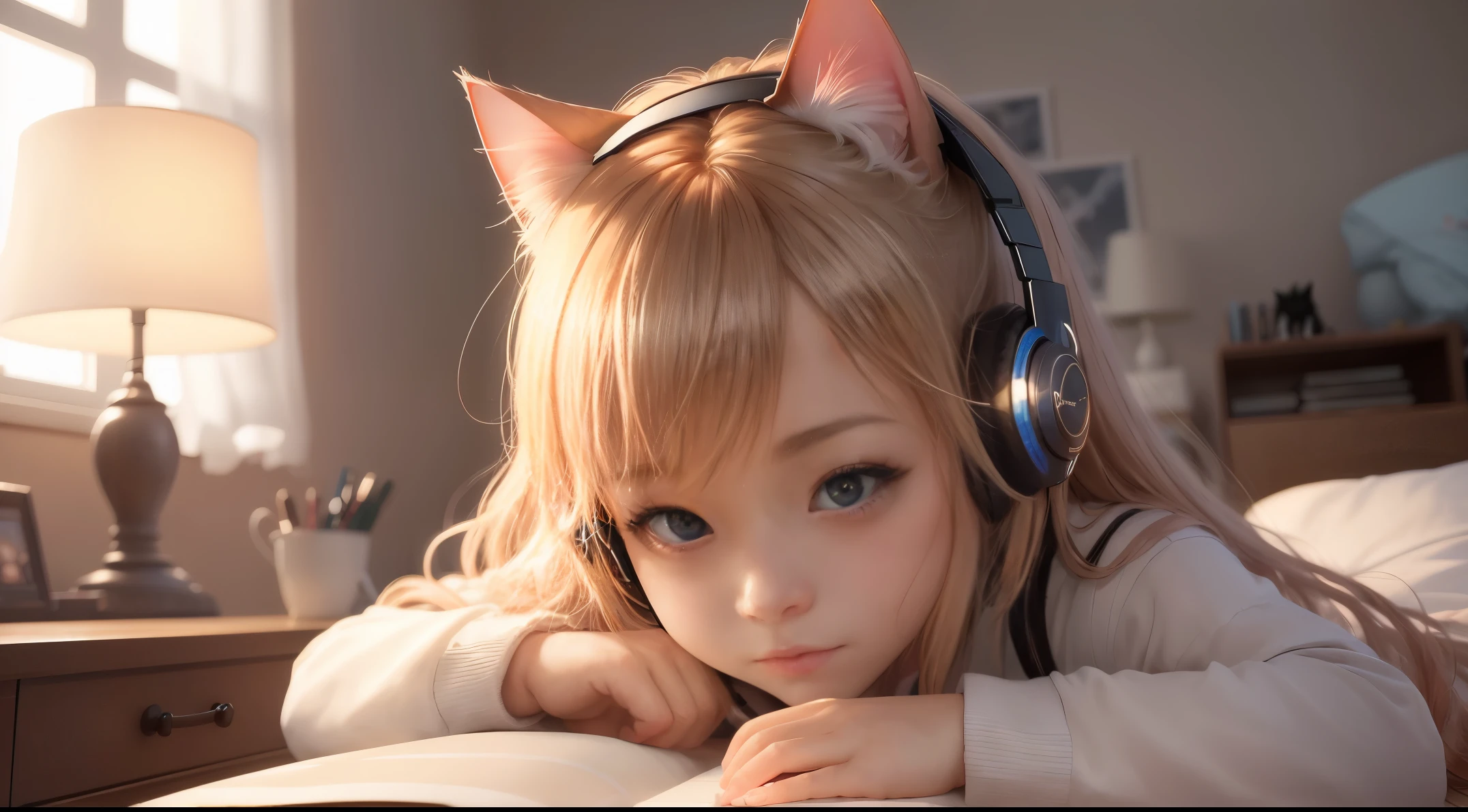 (anime, girl, headphones, studying, room at night), (cat), (warm soft tones, room lighting)

(best quality, highres), (ultra-detailed), (realistic), (HDR), (vivid colors), (bokeh), (physically-based rendering), (professional)

In this masterpiece artwork, the focus is on an anime girl who is deeply immersed in her studies. She sits in her cozy room at night, surrounded by the serenity of her personal space. The room is softly lit with warm tones, creating a soothing and intimate atmosphere.

The anime girl is depicted wearing headphones, which shows her dedication and focus. As she studies, her face radiates intelligence and determination, with beautiful detailed eyes that sparkle with a bright curiosity. Her lips are delicately drawn, adding a touch of elegance to her overall appearance. Her long eyelashes highlight her expressive eyes, emphasizing her attentive gaze.

Beside her, a cat lies comfortably, sharing the tranquil ambiance and offering companionship as she studies. The cat's presence adds a sense of warmth and comfort to the scene.

The room itself is filled with carefully chosen details. The lighting, with its warm soft tones, bathes the room in a cozy glow, enhancing the calming environment. The high-resolution rendering ensures every element is presented with impeccable clarity, highlighting even the smallest details. The realistic portrayal of the room captures the intricate textures of the furniture, creating a lifelike setting.

To enhance the overall quality of this artwork, professional studio lighting techniques have been applied. The resulting image evokes a sense of professionalism.

The color palette chosen for this artwork is vibrant and vivid, enhancing the visual impact of the scene. The vibrant colors bring life to the anime girl's world, making her room feel lively and full of energy.

To add a touch of artistic style, bokeh effects are delicately incorporated into the image. The soft bokeh creates a beautiful depth of field, drawing focus to the anime girl and blurring the background slightly.

In conclusion, this Stable Diffusion prompt depicts an anime girl fully engaged in her studies while peacefully surrounded by her carefully curated room. The warm soft tones of the room lighting, the presence of a comforting cat, and the combination of detailed elements lend a realistic and professional touch to this artwork. The vibrant colors and artistic bokeh effects elevate the overall visual appeal, resulting in a high-quality, visually stunning masterpiece.