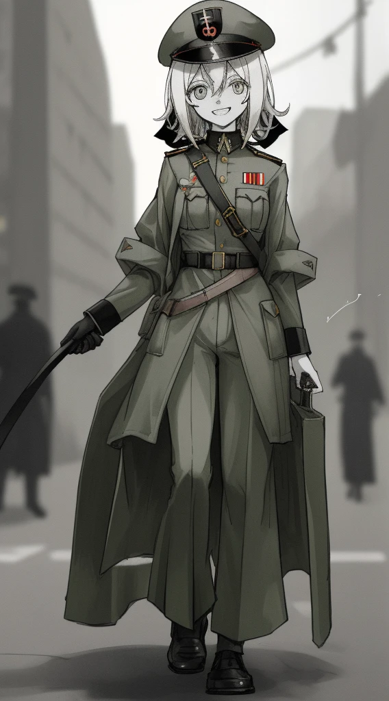 city street,
Beautiful (fascism In fascist clothes and a fascist hat, Sadistic smile.:1.2), opened mouth, BREAK photo below, Short Messy Hair, deranged look, limited palette, blurry shading, Old military uniform, Full-length