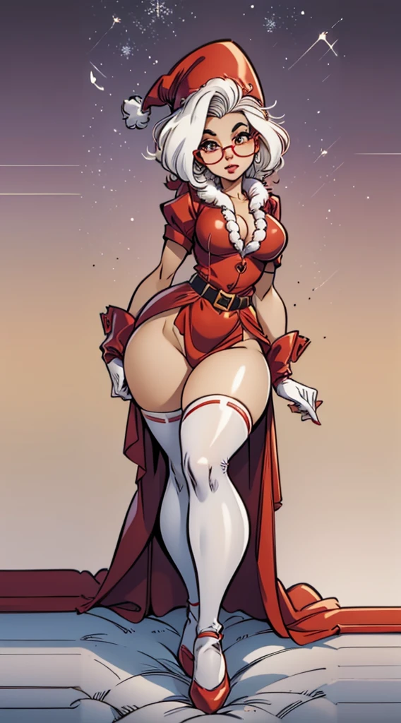 Woman, Old Woman, Beautiful, with white hair, with big breasts, with thick thighs, with good hips, with a Christmas suit, let the Christmas suit be a red jacket, let the jacket be frock style, let the fur on the suit be snow white, that it has matrix style glasses, that the jacket has short sleeves, with long white gloves, that the gloves have red decoration at the end of the glove, with long red stockings, that the stockings reach the thighs, that the jacket is tight to the breasts, that has an open button, that your breasts can be seen through the open part, with a Christmas hat, with good quality, HD level on the face, that has detail in the face, good focus on the body, complete body, that he is standing, that his hair reaches his waist.