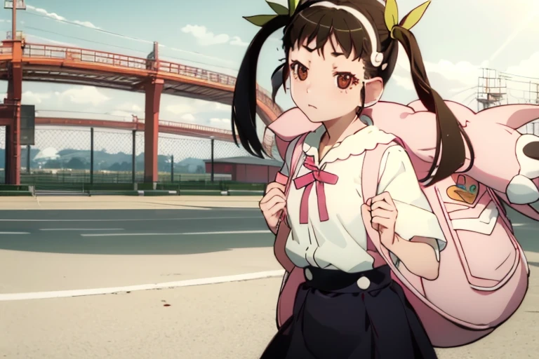 1girl in，chiquita，独奏、Detailed details，Twin tails waving in the wind，brown-eyed，big pink backpack，jumper skirt，White headband，Pink ribbon，green ribbon on head，small tits，Lori，