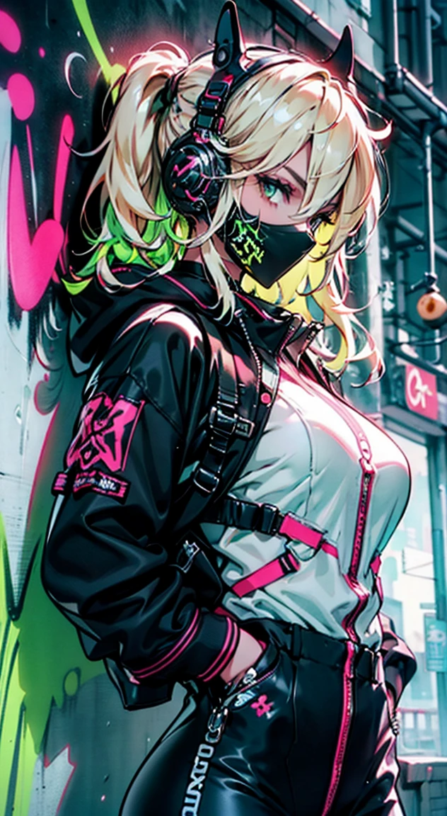 8K,Ultra Detail,ultra-quality,ultra precision,ultimate masterpiece,cutie Girl,big boobs,big Thigh,bomber jacket,long leather pants,long twin tail(blond)(innercolor of pink),cool Graffiti on the wall,Cyber punk mask,Theme of Cyber Punk,smile,view side,