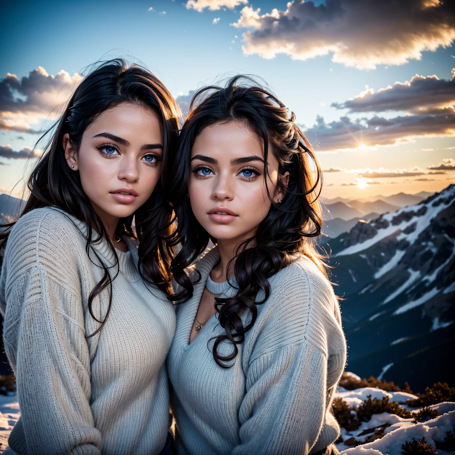Best quality, masterpiece, Beautiful, 2 young hispanic women, looking straight at viewer, hands on shoulders, hugging, wearing simple shirt and jeans, open blue fur jacket on top, posing on mountain road, professionalism, teen age, detailed face, detailed body, symmetric face, happy laughing faces, big cute eyes, cute faces, dynamic pose, deep cleavage, perfect anatomy, photorealistic, curvy body, tight bun hair, 8k, ultra realistic, widescreen desktop wallpaper, foggy winter, mountain forest path background, natural light, shadow, snowy, ambient occlusion