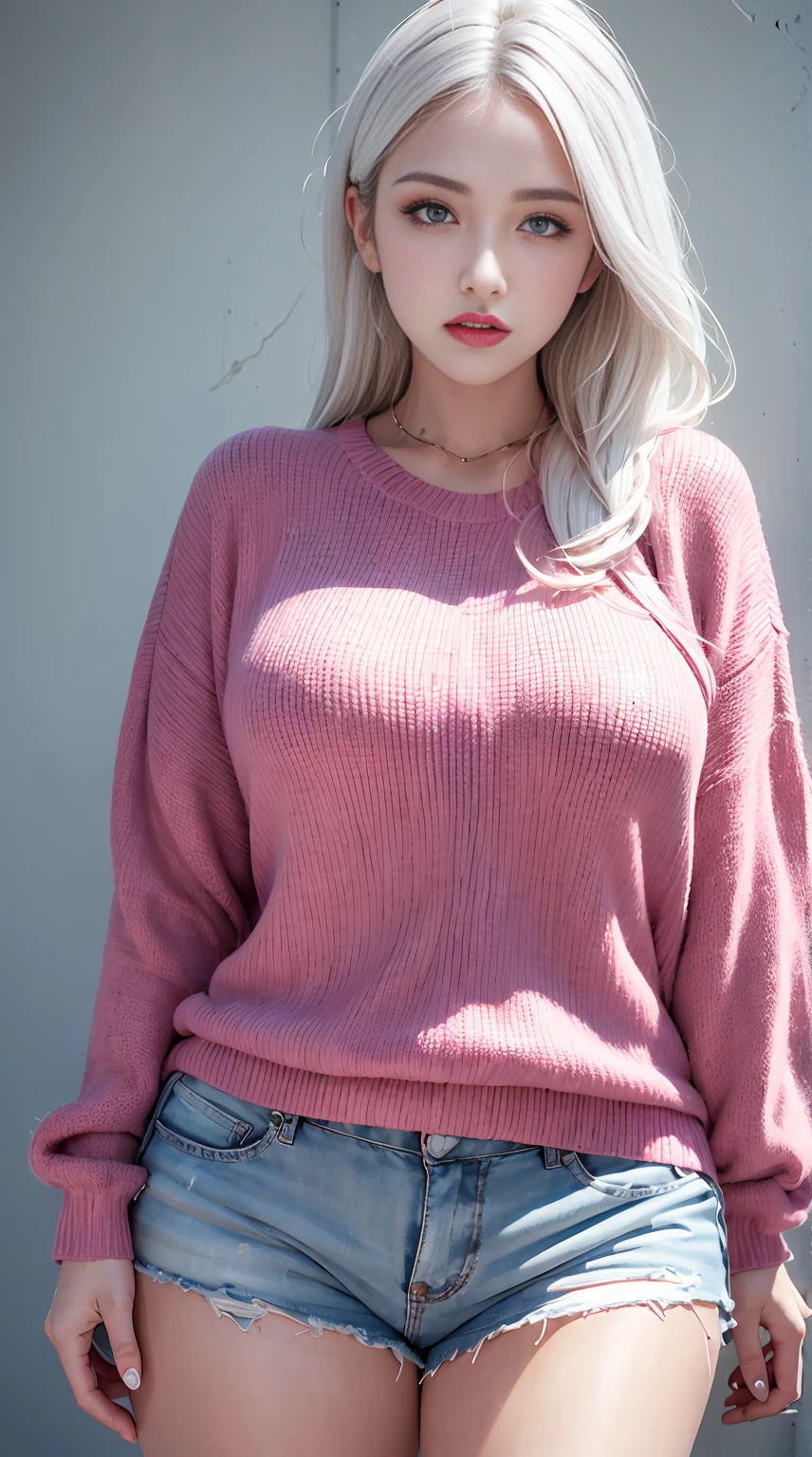 photorealistic, high resolution, 1women, shining skin, solo, pink lips, white hair, long hair, blue eyes, closed mouth, hips up, sweater, shorts