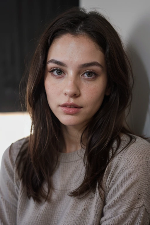 ((best quality)), ((masterpiece)), (detailed), perfect face realistic photo of beautiful woman with long dark brown hair, Russian, influencer, light freckles, dark brown eyes, big lips, no makeup, insagram, standing next to black wall, wearing sexy winter jumper