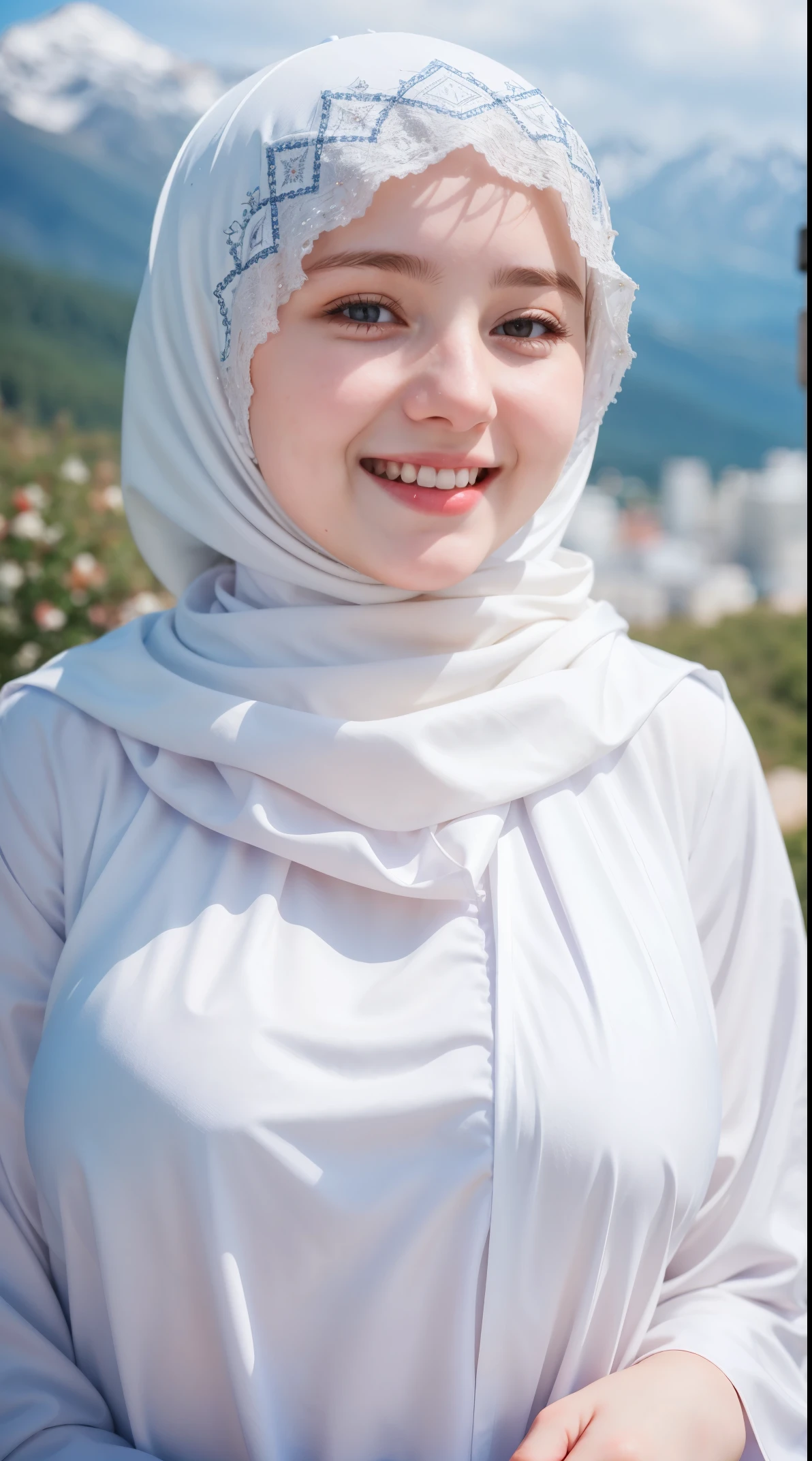 1 Girl, Beautiful, Russian Baby Face, 20 Years Old, White Skin, Hijab Muslim Outfit, Top of The Mountain Background, Wind, Laughing, Large Breast, ((bokeh:1.2))