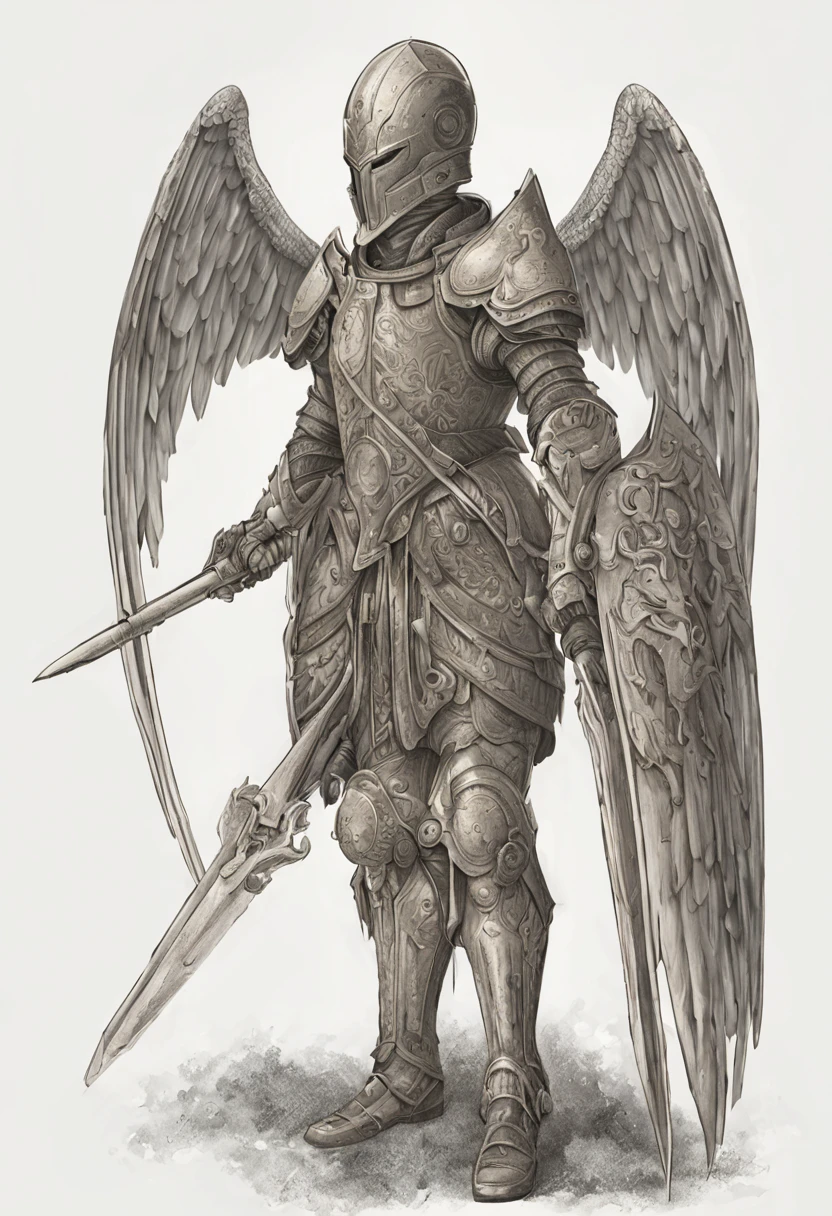 A knight with angel wings an alien head. side view