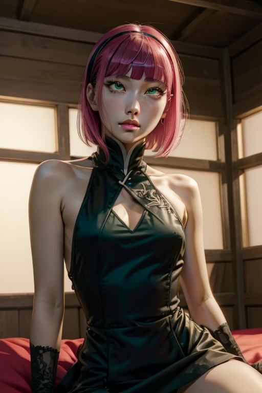 (masterpiece, best quality, highres:1.3), CyberSongbird, solo, green dress, asymmetrical hair, 1girl, mechanical parts, cybernetic limb, fur, red lips, cyberpunk, ultra sarp