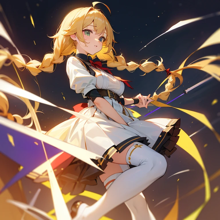 1girl, large full ???????, small  hip, verd s eyes, Golden hair,, skirt by the, bedroom,,Metamorphosis, 小柄,fantrome,azur lane,le temeraire,pigtails,(White over-the-knee socks),frilld,Tricolor color,Ahoge,garterbelts,huge ???,Red ribbons,((Braids)),(garterbelts),B90,Very Longhair,magic wands.The tips of the hair are emerald green