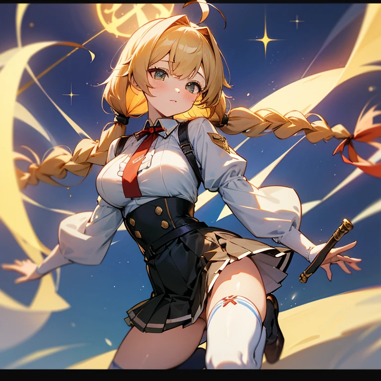 1girl, large full breasts, small hip, verd s eyes, Golden hair,, skirt by the, bedroom,,Metamorphosis, 小柄,fantrome,azur lane,le temeraire,pigtails,(White over-the-knee socks),frilld,Tricolor color,Ahoge,garterbelts,huge tit,Red ribbons,((Braids)),(garterbelts),B90,Very Longhair,magic wands.The tips of the hair are emerald green