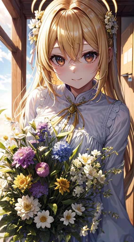 ((masutepiece)), ((Best Quality)), ((hight resolution)), ((finely detail)),femele、a blond、Deities々Surrounded by bright light、美しい女Deitiesは微笑む、The halo is