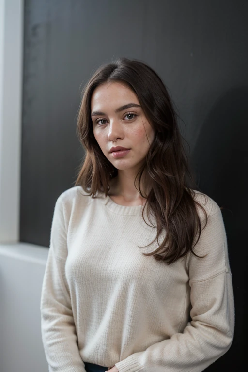 ((best quality)), ((masterpiece)), (detailed), perfect face realistic photo of beautiful woman with long dark brown hair, Russian, influencer, light freckles, dark brown eyes, big lips, no makeup, instagram, standing next to black wall, wearing sexy winter jumper