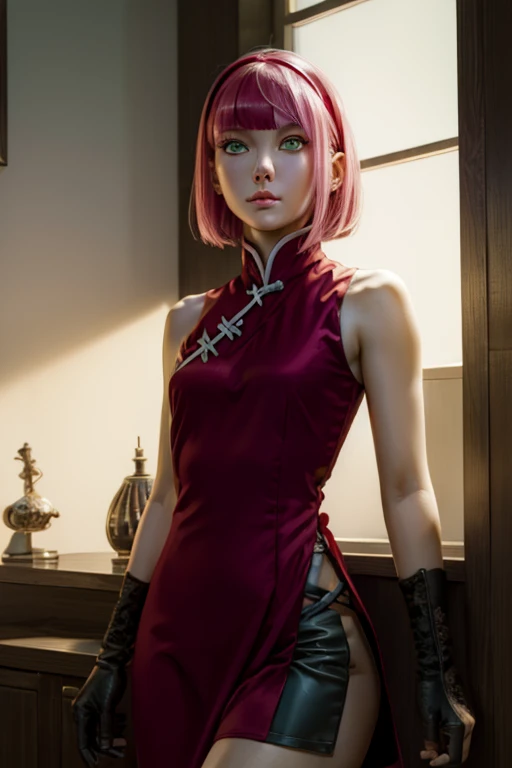 young woman, short shoulder-length pink hair, wide forehead, porcelain skin, pink eyebrows, big emerald green eyes, buttoned nose, full lips, heart-shaped face, slender body, small breasts, red tank top, Sakura Haruno , realistic, realism, details, 3d, well detailed