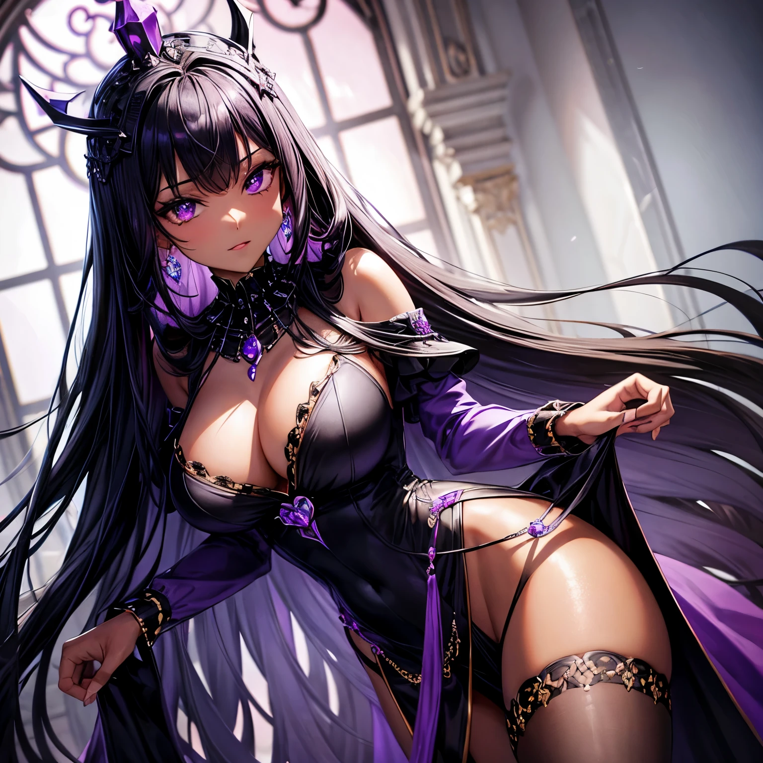 Standing, jeweled crown, tight royal minidress black with purple accents, jewel collar, large breasts, dark skin, long black hair, purple eyes