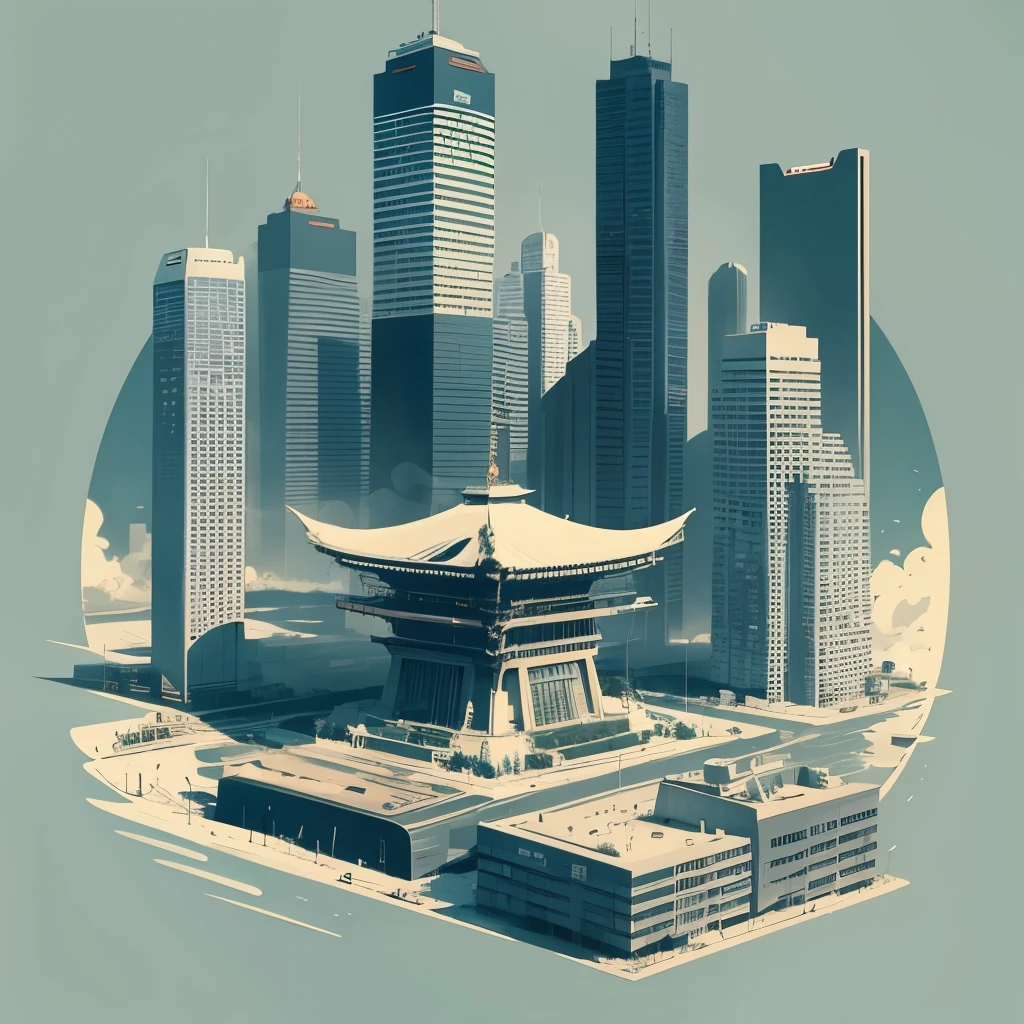 Japanese city, vintage, retro, vector, t-shirt design, no background, no text --auto --s2