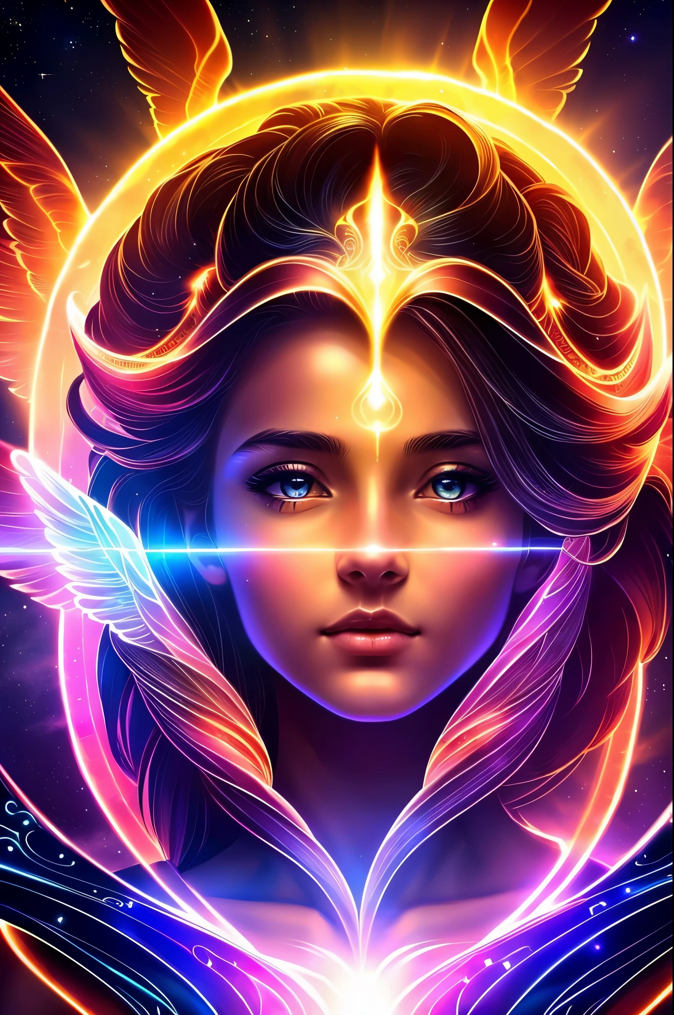 ((best quality)), ((masterpiece)), ((realistic)), portrait, 1girl, celestial, deity, goddess, light particles, halo, looking at viewer, (bioluminescent:0.95) flame, bioluminescence, phoenix, Vibrant, Colorful, Color, (Glow, Glow), (Beautiful Composition), Cinematic Lights, Intricate, (Symmetry: 0.5), Whimsical, Alien Planet