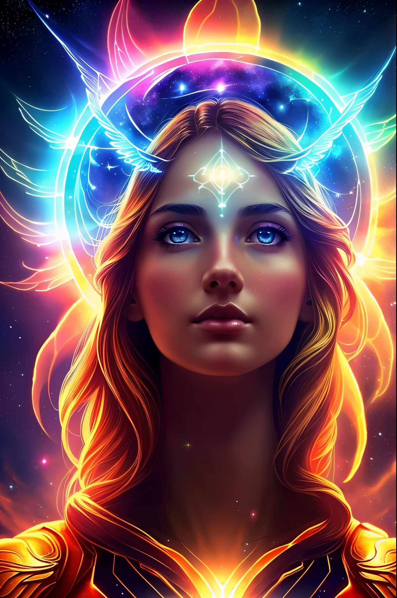 ((best quality)), ((masterpiece)), ((realistic)), portrait, 1girl, celestial, deity, goddess, light particles, halo, looking at viewer, (bioluminescent:0.95) flame, bioluminescence, phoenix, Vibrant, Colorful, Color, (Glow, Glow), (Beautiful Composition), Cinematic Lights, Intricate, (Symmetry: 0.5), Whimsical, Alien Planet