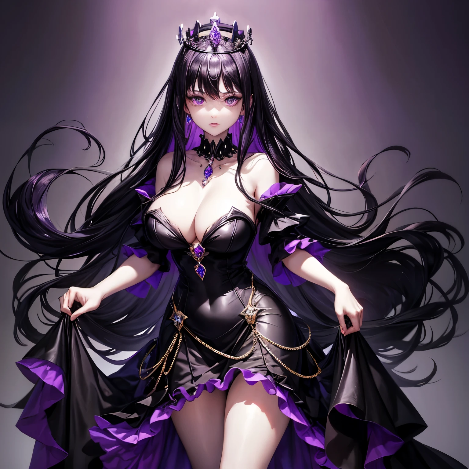 Full body, Standing, jeweled crown, tight royal minidress black with purple accents, jewel collar, large breasts, pale skin, long black hair, purple eyes