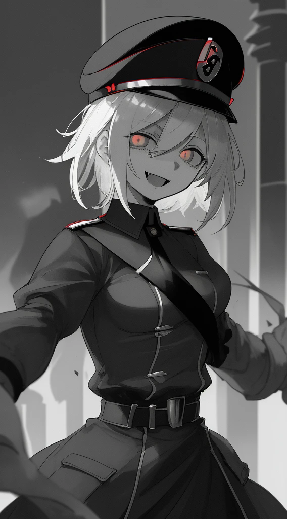 city ​​street,
Beautiful (fascism In fascist clothes and a fascist hat, Sadistic smile.:1.2), opened mouth, RIP photo below, Short Messy Hair, deranged look, limited palette, blurry shading, Old military uniform, Full-length