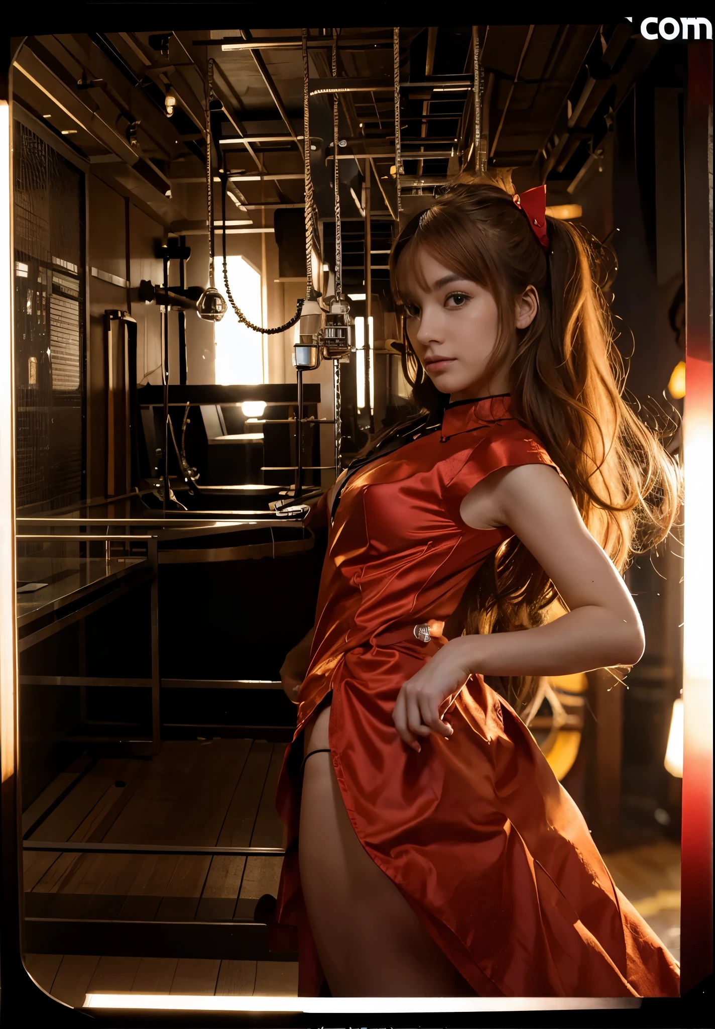 (best quality), high resolution, Asuka Langley Soryu, Beautiful Pretty Mixed German Babe, ((Beautiful face)), sexy lips, Gingers Twin tails headband long Hair, combine realism and anime influence, front view, intense gaze, chinese dress, beautiful eyes, pose, studio photoshoot