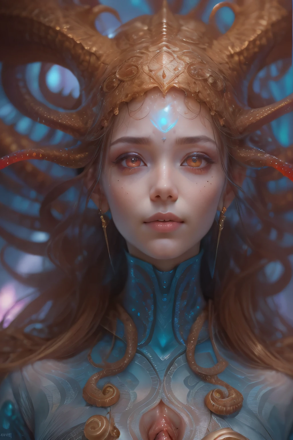 Portrait, (beautiful female alien:1.2), (There is a female genital-like organ in the middle of the forehead..:1.8), (The most beautiful face in the history of the universe:1.2), (scarlet eyes:1.6), (Translucent skin:1.8), an evil gaze that seduces , (red eyes:1.5), Full body like, (sexypose:1.5), alien, No humans, cells are fused, (Lots of translucent tentacles:1.1) (Translucent skin:1.3), extraterrestrial, cell, bio image, 魅惑的, Best Quality, 8K,4K_quality, High Definition, Dramatic Lighting, masutepiece:1.5,cinematic quality, detail up, (Intricate details:1.2), High resolution, High Definition, drawing faithfully, (Thick eyebrows:1.2), Beautiful eyes with fine symmetry, (Ultra detailed eyes:1.2),(Highly detailed face and eyes:1.2), (High-resolution red-eye:1.4), Intimate face, (Super detailed skin quality feeling:1.4), Perfect ???????, (Beautiful toned body:1.5), (Moist skin:1.2), No makeup, (dark circles:1.1), long canines, cinematic drawing of characters, ultra high quality model, cinematic quality, detail up, (Intricate details:1.2), High resolution, High Definition, drawing faithfully, Official art, Unity 8K wall , 8K Portrait, Best Quality, Very High resolution, ultra detailed artistic photography, midnight aura, unreal enginee 5, Ultra Sharp Focus, art by alberto seveso, ArtGerm, Roisch, intricate artwork, Medusa, best quality, masutepiece, ultra High resolution, (photos realistic:1.4), Ultra-realistic realism, dream-like, nautilus, Creation of fantasy, Snail, Dream Snail, biopunk nautilus, Thrilling color schemes, Ultra-realistic realism, seductively smiling, Blue tentacles