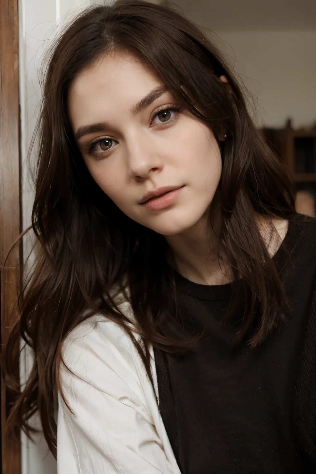 pale women, very big dark black eyes, brown hair face