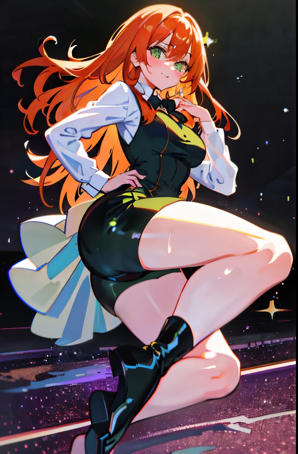 1girl, Best quality, masterpiece, cowboy shot, orange hair, green eyes, tight cloth, office clothes, office, white clothes, wet, fingering, long ginger hair, green eyes, anime girl, kawaii, hourglass figure, big feet, sweaty feet, soles showing, 5 toes on each foot, 5 toes, heel on floor, red high heel shoes on ground next to feet, galactic background, stars and sparkles, green outfit