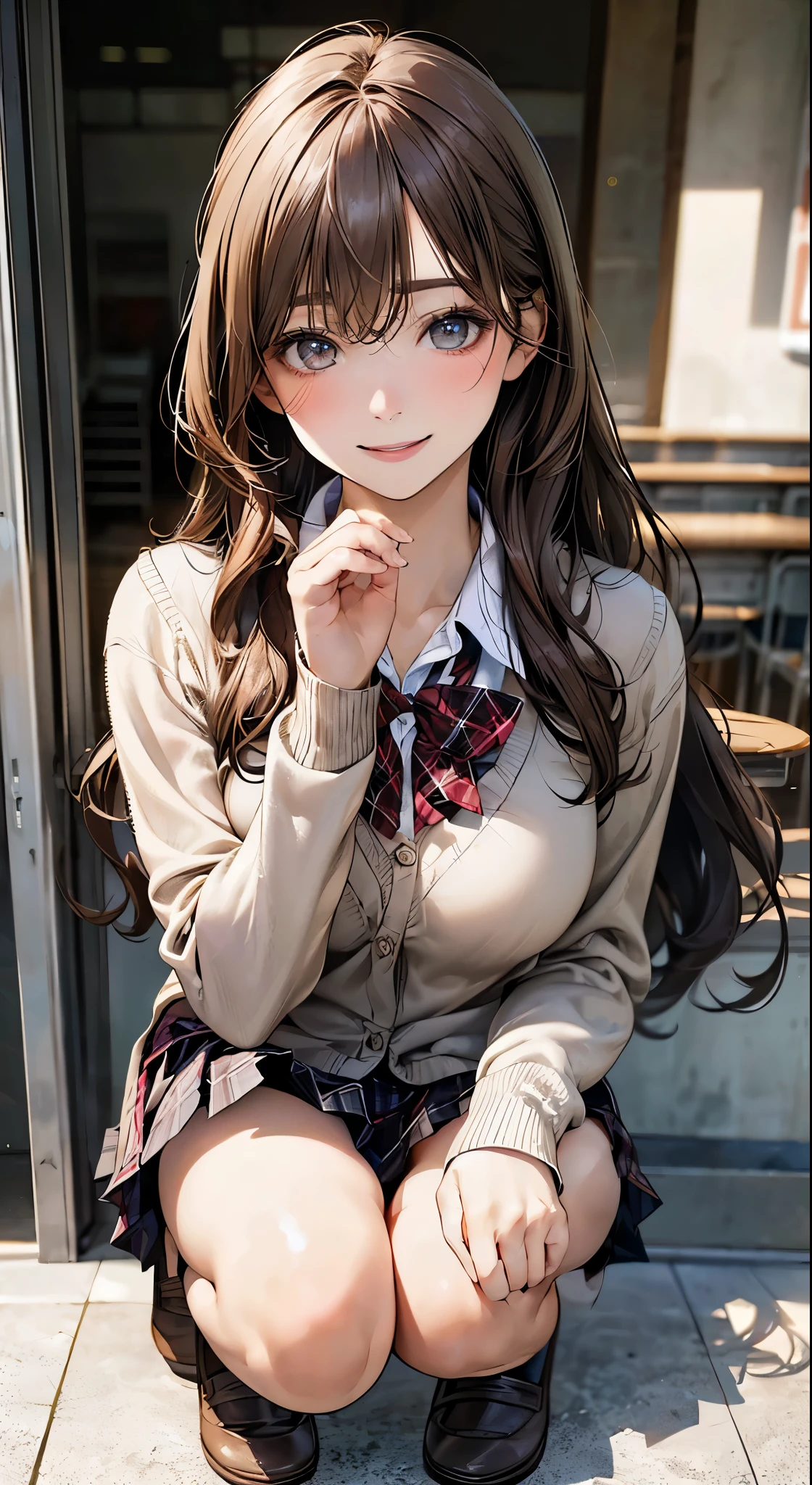 (masterpiece:1.2, top-quality), (realistic, photorealistic:1.4), beautiful illustration,
looking at viewer, full body, front view:0.6,
1 girl, japanese, high school girl, (long hair:1.5), blown hair, bangs, hair between eye, large breasts:0.8,
beautiful hair, beautiful face, beautiful detailed eyes, beautiful clavicle, beautiful body, beautiful chest, beautiful thigh, beautiful legs, beautiful fingers,
(beautiful scenery), , school,
((collared shirt, white shirt, school uniform, light brown cardigan, gray pleated skirt,red plaid bow tie)), white panties,
(squatting, crouching, hands on chest),
smile:1.5, open mouth,