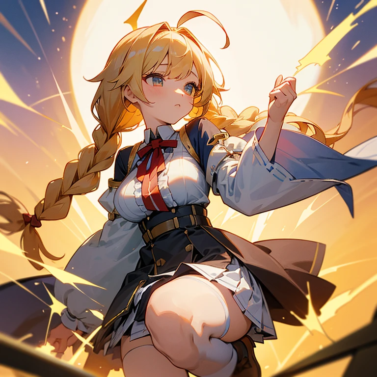 1girl, large full breasts, small hip, verd s eyes, Golden hair,, skirt by the, bedroom,,Metamorphosis, 小柄,fantrome,azur lane,le temeraire,pigtails,(White over-the-knee socks),frilld,(Tricolor color clothes),Ahoge,(garterbelts),huge tit,Red ribbons,((Braids)),(garterbelts),B90,Very Longhair,magic wands,(valley)