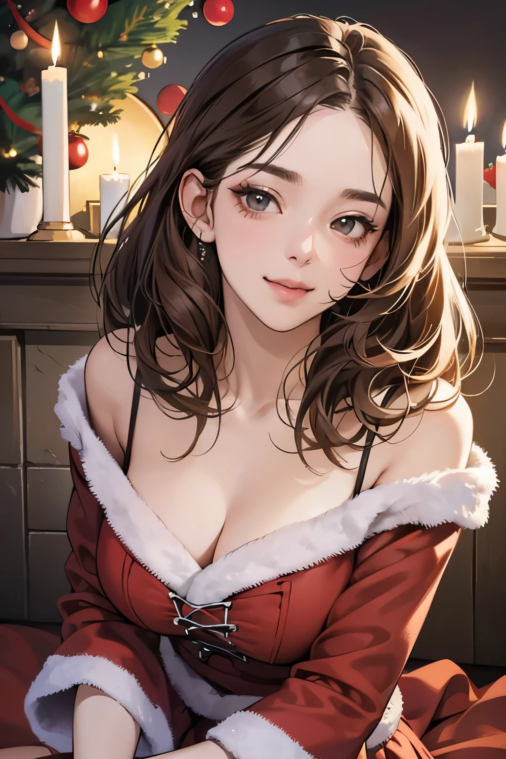 (masutepiece, Digital Art, Digital Illustration, 4K, 8K, Ultra-detailed, beautiful image, Sharp Image, Photorealistic, Raw photo, Perfect face, Perfect lines, Perfect eyes, Soft lighting) 1 woman, (lightbrown hair,Chignon hair in a high position,Innocent look,Lowered eyebrows,drooping eyebrows,drooing eyes,cute large eyes,natural make up,kindly smile,Round jaws,23 y-o woman:1.3),スーツ姿のハンサムなember性2人, (ember,ember性はスーツ姿,well-muscled,Firm shoulder width, emberの,Boyish hairstyle,English gentlemanly style,クールな表情の30代ember性,明るい笑顔の28歳ember性:1.2),(Nervous,be shy,sleepy,embarrassed from:1.2),innocent smiles,(embarrassed from,Shy smile:1.1),in front of a warm fireplace、Christmas、Christmasケーキ、Birthday Celebration、the kiss、a couple、a couplethe kiss、Romance、the kiss、Santa Cosplay、Christmasツリー、candles、bring a present、miniskirt santa costume、Boobs Porori、Fluffy costumes、Plug-ins、Genitals that are used to being squishy