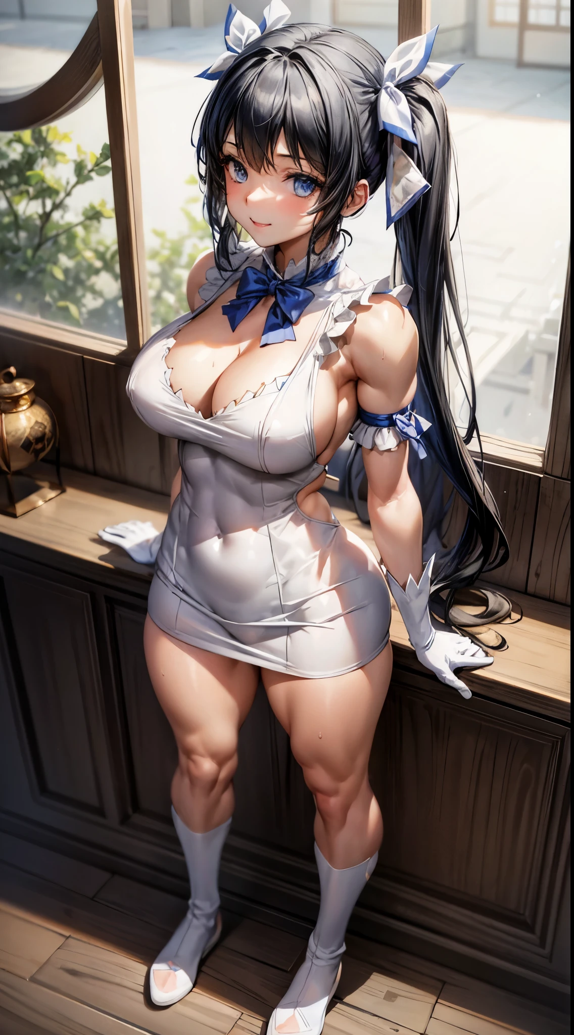 (masterpiece, best quality, extremely detailed CG, beautiful detailed eyes, ultra-detailed, {{{in the motel room}}}, intricate details: 1,2), 8K Wallpaper, elaborate assets, (1girl, alone : 1.4), standing, (anime style textures), very high resolution, (vibrant colors, dynamic lighting: 1.0), (high contrast: 0.8), cookie (Danmachi), breasts, long hair, blue ribbon, (twintails) , gloves, ribbon, dress, king no, himo, big breasts, blue eyes, black hair, (slim), white Gloves, cleavage, white dress, hair ribbon, bow, sleeves, sleeves dress, fringe, cropped neckline, ornament hair, bow tie, cutout clothes, very long hair, level dress, arm ribbon, (full body: 1.1), smile, cute, muscular legs, muscular belly, pants, stand, barefoot