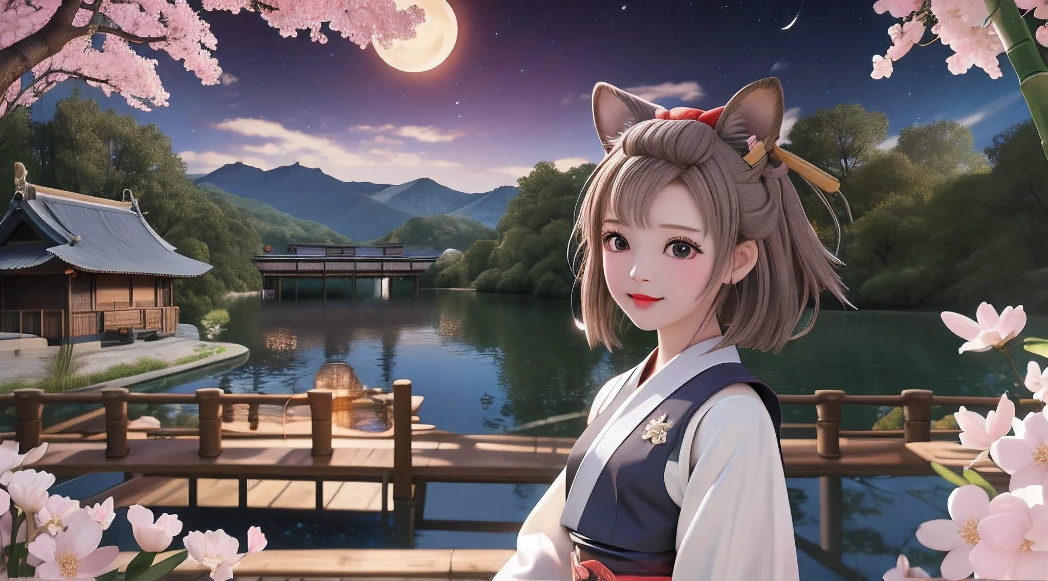 masterpiece, best quality, 8k, wonderful, lake, mountain, bamboo forest, wooden house, moon, night, star sky, Galaxy, blossom, wood boat, 1girl, brown hair, brown eyes, bangs pinned back, forehead, animal ears, animal tail, very long sleeves, petite, kimono, girl, hair beautiful, , yugioh, ash blossom & joyous spring, cry, tear, look the other way, background clear full HD, small eyes, platinum hair