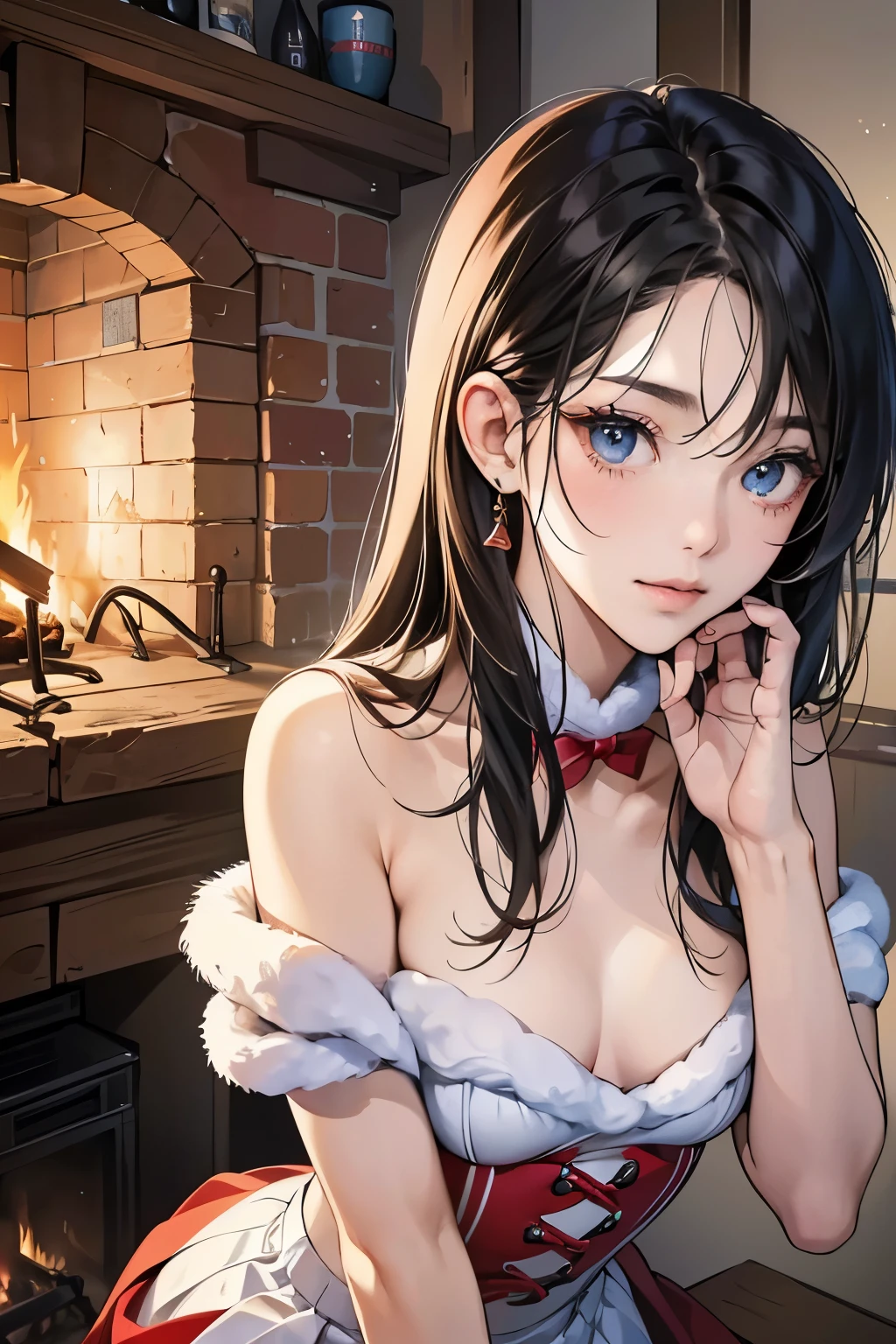 (masutepiece, Digital Art, Digital Illustration, 4K, 8K, Ultra-detailed, beautiful image, Sharp Image, Photorealistic, Raw photo, Perfect face, Perfect lines, Perfect eyes, Soft lighting) ,1 woman, (Black hair,straight haired,Bullish gaze,Beautie,ellegance,Solid makeup,23 y-o woman,small tits:1.3),スーツ姿のハンサムなember性2人, (ember,ember性はスーツ姿,well-muscled,Firm shoulder width, emberの,Boyish hairstyle,English gentlemanly style,クールな表情の30代ember性,明るい笑顔の28歳ember性:1.2),Show white teeth and smile(embarrassed from,Shy smile:1.1),(Nervous,be shy,sleepy,embarrassed from:1.1),in front of a warm fireplace、Christmas、Christmasケーキ、Birthday Celebration、the kiss、a couple、a couplethe kiss、Romance、the kiss、Santa Cosplay、bring a present、miniskirt santa costume